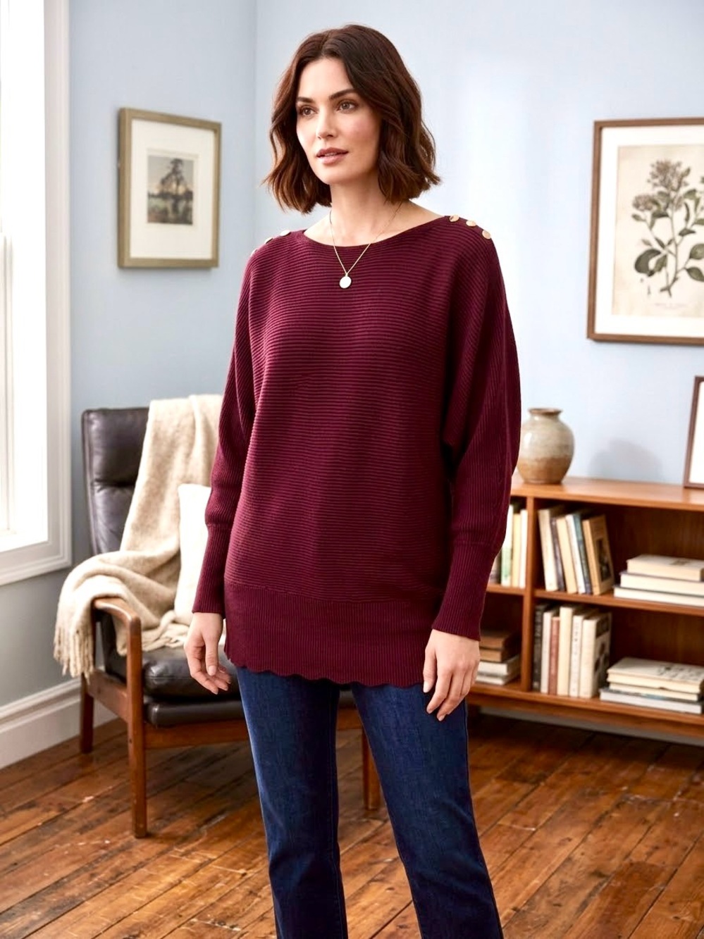 Lauren Ralph Lauren Burgundy Ribbed Button-Shoulder Tunic Sweater - Size L